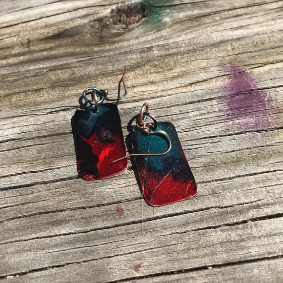 Abstract Brutalist Rustic Solid Pure Copper Earrings Red Handmade Geometric Blue - Picture 3 of 5